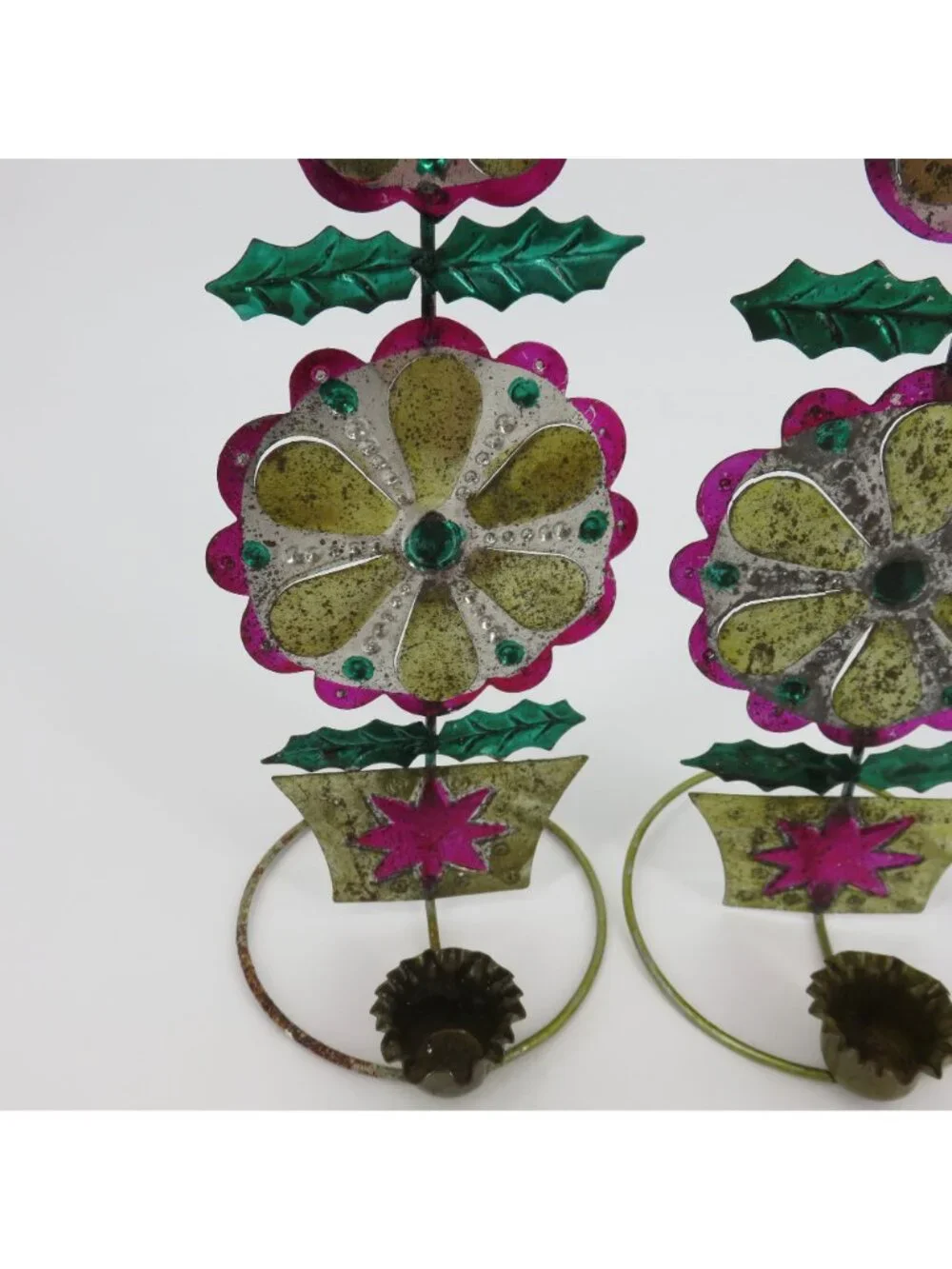 VTG Punch Tin Folk Art Pair 2 Candle Holders Pink Yellow Green Retro Christmas